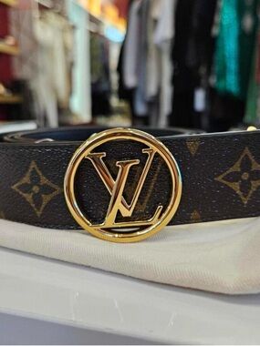 Louis Vuitton Brown Monogram Belt with Gold LV Circle Buckle